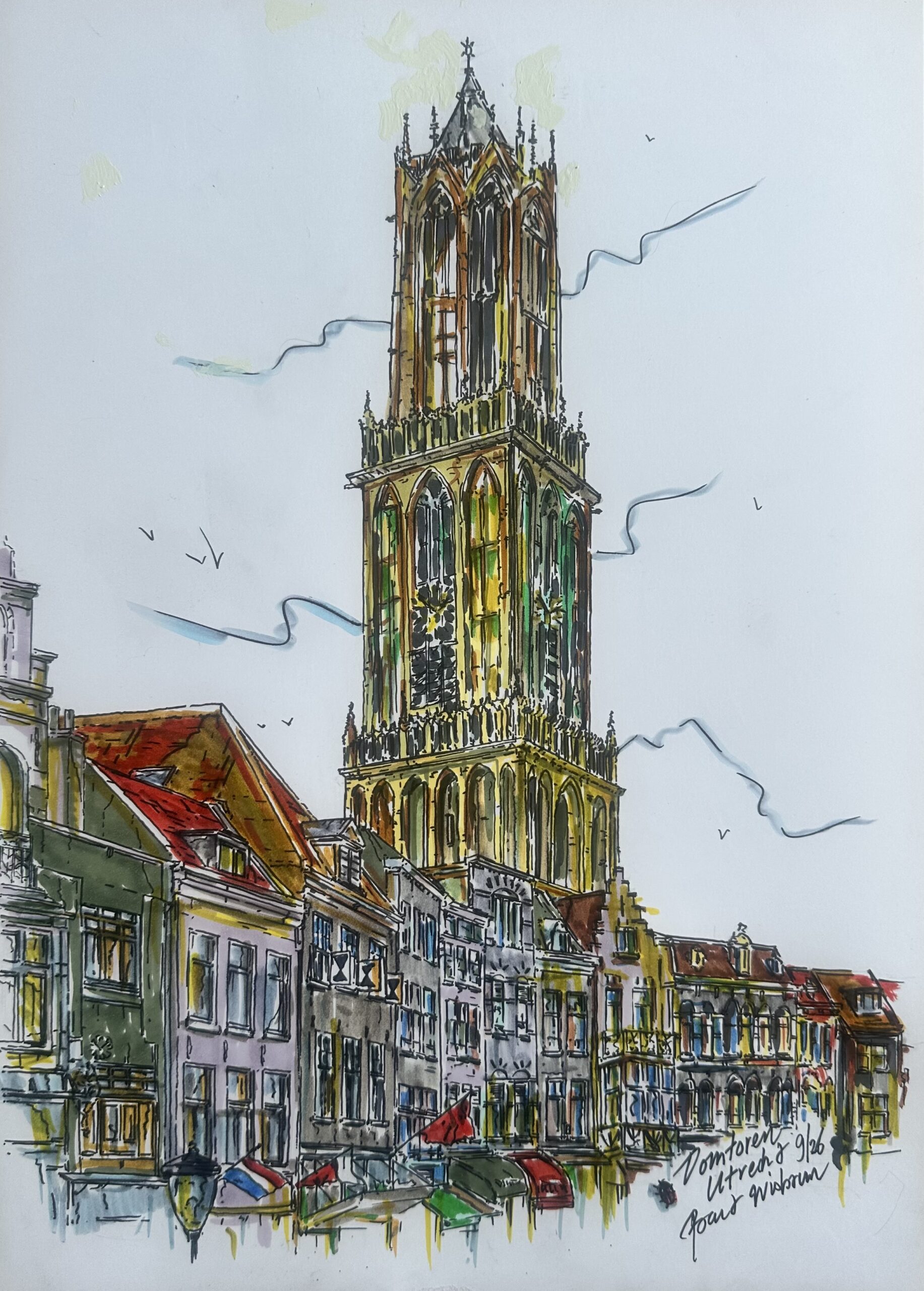 Domtoren Utrecht, formaat incl. lijst 40 x 50 cm. GEEN AI… MAAR BW! Je hoeft in Utrecht eigenlijk maar één keer omhoog te kijken… en je weet waar je bent. De Domtoren. Het herkenningspunt van Utrecht en een bouwwerk dat je bijna onmogelijk over het hoofd kunt zien. Voor mijn tekening heb ik juist geprobeerd die enorme verticale kracht van de toren op papier te vangen. De Domtoren rijst boven de historische gevels uit en bepaalt het beeld van de stad. Maar tijdens het tekenen gebeurt er iets bijzonders: je kijkt ineens veel langer naar details waar je normaal gewoon aan voorbijloopt. Een raam, een ornament, een gevel, een daklijn… en voor je het weet staan ze allemaal met marker op papier. Van eeuwenoude steen naar eigentijdse markerstrepen. Dat is voor mij precies wat Marker Art zo leuk maakt. Domtoren Utrecht, formaat incl. lijst 40 x 50 cm. GEEN AI… MAAR BW! Je hoeft in Utrecht eigenlijk maar één keer omhoog te kijken… en je weet waar je bent. De Domtoren. Het herkenningspunt van Utrecht en een bouwwerk dat je bijna onmogelijk over het hoofd kunt zien. Voor mijn tekening heb ik juist geprobeerd die enorme verticale kracht van de toren op papier te vangen. De Domtoren rijst boven de historische gevels uit en bepaalt het beeld van de stad. Maar tijdens het tekenen gebeurt er iets bijzonders: je kijkt ineens veel langer naar details waar je normaal gewoon aan voorbijloopt. Een raam, een ornament, een gevel, een daklijn… en voor je het weet staan ze allemaal met marker op papier. Van eeuwenoude steen naar eigentijdse markerstrepen. Dat is voor mij precies wat Marker Art zo leuk maakt.