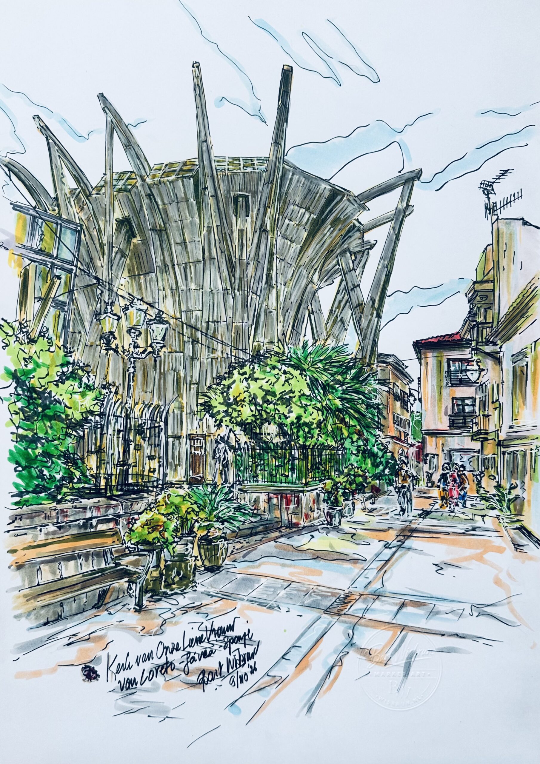Iglesia de Nuestra Señora de Loreto – Javéa, formaat incl. lijst 40 x 50 cm. TE KOOP € 300,- Javéa, aan de Spaanse Costa Blanca. Een weekje rondkijken, genieten van de mooie omgeving én mijn Spaans weer een beetje ophalen. Tenminste, dat idee had ik. Want als je denkt dat je in Spanje je beste Spaans kunt oefenen, kom je in Javéa al snel bedrogen uit. Je struikelt er bijna over de Nederlanders. Maar eerlijk is eerlijk: ik snap het wel. Mooie straatjes en omgeving, oude huizen die tegen de heuvel op lijken te kruipen, een heerlijk klimaat, tranquilo en overal gezellige plekjes om even rond te kijken. Mijn oog viel ook op de Iglesia de Nuestra Señora de Loreto, de kerk van Onze-Lieve-Vrouw van Loreto. Vooral de bijzondere architectuur trok mijn aandacht. Die opvallende constructie, met haar hoge betonnen ribben, steekt prachtig af tegen de traditionele bebouwing eromheen. En dat leverde weer genoeg inspiratie op om mijn stiften tevoorschijn te halen! Zo wordt een weekje Spanje niet alleen een vakantieherinnering, maar ook een nieuwe tekening van Bart Wisbrun. Geen ansichtkaart uit de winkel, maar mijn eigen kijk op een stukje Spanje en Javéa. Geen AI, maar BW! Iglesia de Nuestra Señora de Loreto – Javéa, formaat incl. lijst 40 x 50 cm. TE KOOP € 300,- Javéa, aan de Spaanse Costa Blanca. Een weekje rondkijken, genieten van de mooie omgeving én mijn Spaans weer een beetje ophalen. Tenminste, dat idee had ik. Want als je denkt dat je in Spanje je beste Spaans kunt oefenen, kom je in Javéa al snel bedrogen uit. Je struikelt er bijna over de Nederlanders. Maar eerlijk is eerlijk: ik snap het wel. Mooie straatjes en omgeving, oude huizen die tegen de heuvel op lijken te kruipen, een heerlijk klimaat, tranquilo en overal gezellige plekjes om even rond te kijken. Mijn oog viel ook op de Iglesia de Nuestra Señora de Loreto, de kerk van Onze-Lieve-Vrouw van Loreto. Vooral de bijzondere architectuur trok mijn aandacht. Die opvallende constructie, met haar hoge betonnen ribben, steekt prachtig af tegen de traditionele bebouwing eromheen. En dat leverde weer genoeg inspiratie op om mijn stiften tevoorschijn te halen! Zo wordt een weekje Spanje niet alleen een vakantieherinnering, maar ook een nieuwe tekening van Bart Wisbrun. Geen ansichtkaart uit de winkel, maar mijn eigen kijk op een stukje Spanje en Javéa. Geen AI, maar BW!