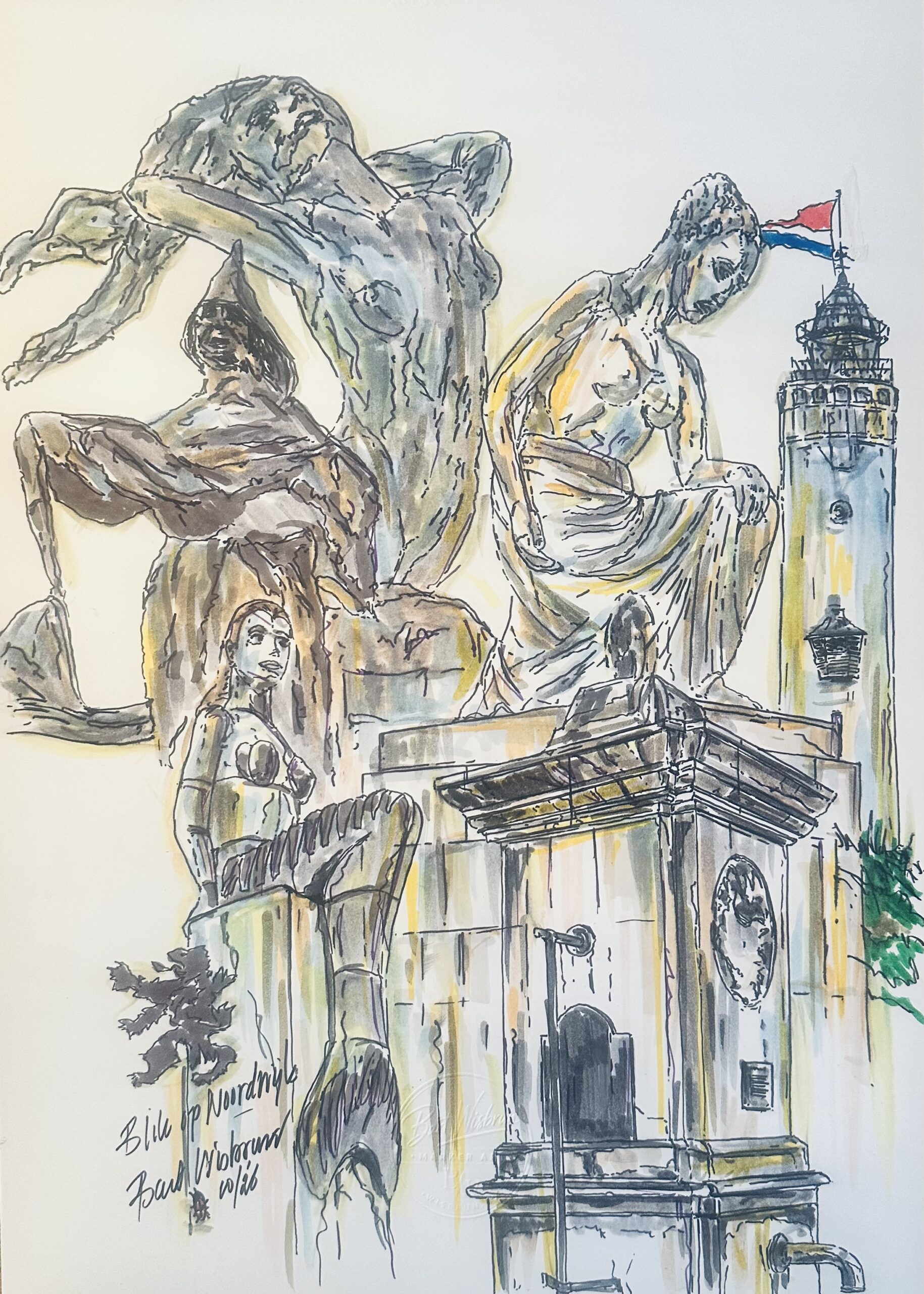 Blik op Noordwijk - formaat incl. lijst 40 x 50 cm. TE KOOP € 300,- GEEN AI, MAAR BW! Noordwijk in lijnen en kleur — ieder beeld een eigen verhaal Noordwijk heeft veel meer te vertellen dan alleen zee, strand en boulevard. Dat ontdekte ik opnieuw toen ik deze MarkerArt-tekening maakte van een aantal bijzondere beelden en plekken in mijn eigen omgeving. De vuurtoren spreekt natuurlijk voor zich: hét herkenningspunt van Noordwijk aan Zee. De waterpompen in de Voorstraat hoort bij het karakter van Noordwijk-Binnen. Dan is er ‘Het Reddertje’, gemaakt door barones Charlotte van Pallandt, die in Noordwijk heeft gewoond. Een beeld met een eigen plek in de duinen van de Koningin Wilhelmina Boulevard. En de zeemeerminnen? Die tekende ik zelfs twee keer. Eén staat voor het Palace Hotel. Een opvallend keramisch beeld met een heel eigen karakter. Tot slot het oorlogsmonument ‘Blote Mina’. Het monument dat herinnert aan slachtoffers van oorlogsgeweld en ander geweld. Een plek om stil te staan, te herdenken en samen te komen tijdens de Dodenherdenking. Verschillende beelden, verschillende verhalen — allemaal verbonden met Noordwijk. Met pen, zwarte lijnen en markers geef ik er mijn eigen draai aan. Geen AI, maar BW! Mijn eigen hand, mijn eigen kijk en mijn eigen MarkerArt. Blik op Noordwijk - formaat incl. lijst 40 x 50 cm. TE KOOP € 300,- GEEN AI, MAAR BW! Noordwijk in lijnen en kleur — ieder beeld een eigen verhaal Noordwijk heeft veel meer te vertellen dan alleen zee, strand en boulevard. Dat ontdekte ik opnieuw toen ik deze MarkerArt-tekening maakte van een aantal bijzondere beelden en plekken in mijn eigen omgeving. De vuurtoren spreekt natuurlijk voor zich: hét herkenningspunt van Noordwijk aan Zee. De waterpompen in de Voorstraat hoort bij het karakter van Noordwijk-Binnen. Dan is er ‘Het Reddertje’, gemaakt door barones Charlotte van Pallandt, die in Noordwijk heeft gewoond. Een beeld met een eigen plek in de duinen van de Koningin Wilhelmina Boulevard. En de zeemeerminnen? Die tekende ik zelfs twee keer. Eén staat voor het Palace Hotel. Een opvallend keramisch beeld met een heel eigen karakter. Tot slot het oorlogsmonument ‘Blote Mina’. Het monument dat herinnert aan slachtoffers van oorlogsgeweld en ander geweld. Een plek om stil te staan, te herdenken en samen te komen tijdens de Dodenherdenking. Verschillende beelden, verschillende verhalen — allemaal verbonden met Noordwijk. Met pen, zwarte lijnen en markers geef ik er mijn eigen draai aan. Geen AI, maar BW! Mijn eigen hand, mijn eigen kijk en mijn eigen MarkerArt.