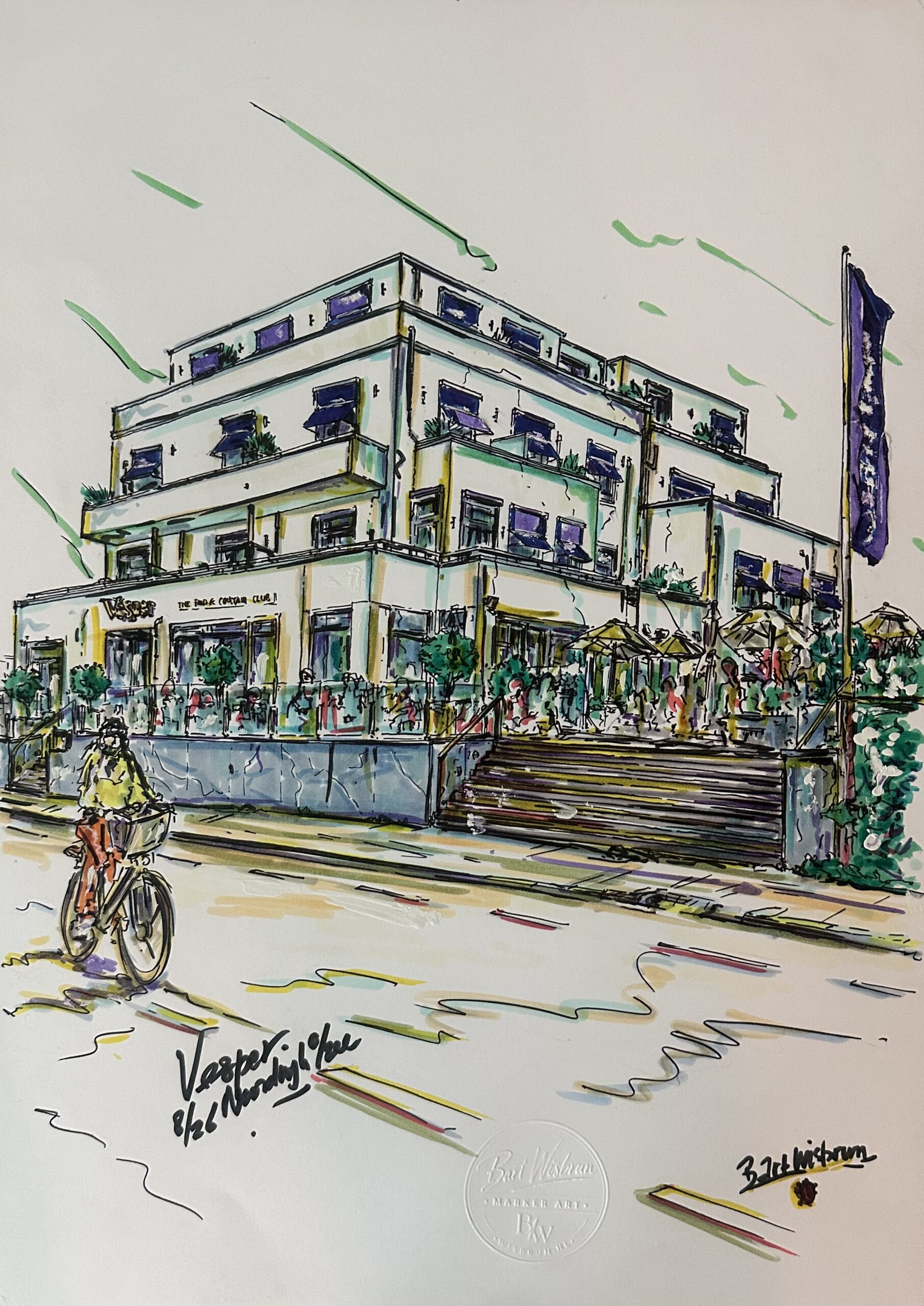 Vesper hotel Noordwijk aan Zee, formaat incl. lijst 40 x 50 cm. GEEN AI, MAAR BW… VESPER. Waar de dag langzaam overgaat in de avond. Sommige gebouwen zijn gewoon mooi om te tekenen. En soms heeft een plek nét iets extra’s. Deze markertekening maakte ik van Vesper Hotel aan de Koningin Astrid Boulevard in Noordwijk. Een plek die sterk verbonden is met de zee, ontspanning en het gevoel even uit de dagelijkse drukte te stappen. De naam Vesper verwijst naar het moment waarop de zon ondergaat, de lucht violet kleurt en de avond zich aandient. Precies dat moment waarop de dag als het ware even op de pauzeknop drukt. Vesper omschrijft het zelf mooi: ‘leisure is an art’. Wat mij vooral aanspreekt, is de combinatie van klassieke elegantie en eigentijdse energie. Met de Noordzee letterlijk voor de deur, een bijzondere lobby, cocktailbar en het Club-concept heeft Vesper duidelijk een eigen karakter. Ik heb geprobeerd juist dát gevoel in mijn tekening te vangen. Niet alleen het gebouw, maar ook een stukje Vesper. Een plek waar je niet naar de klok hoeft te kijken. Vesper hotel Noordwijk aan Zee, formaat incl. lijst 40 x 50 cm. GEEN AI, MAAR BW… VESPER. Waar de dag langzaam overgaat in de avond. Sommige gebouwen zijn gewoon mooi om te tekenen. En soms heeft een plek nét iets extra’s. Deze markertekening maakte ik van Vesper Hotel aan de Koningin Astrid Boulevard in Noordwijk. Een plek die sterk verbonden is met de zee, ontspanning en het gevoel even uit de dagelijkse drukte te stappen. De naam Vesper verwijst naar het moment waarop de zon ondergaat, de lucht violet kleurt en de avond zich aandient. Precies dat moment waarop de dag als het ware even op de pauzeknop drukt. Vesper omschrijft het zelf mooi: ‘leisure is an art’. Wat mij vooral aanspreekt, is de combinatie van klassieke elegantie en eigentijdse energie. Met de Noordzee letterlijk voor de deur, een bijzondere lobby, cocktailbar en het Club-concept heeft Vesper duidelijk een eigen karakter. Ik heb geprobeerd juist dát gevoel in mijn tekening te vangen. Niet alleen het gebouw, maar ook een stukje Vesper. Een plek waar je niet naar de klok hoeft te kijken.