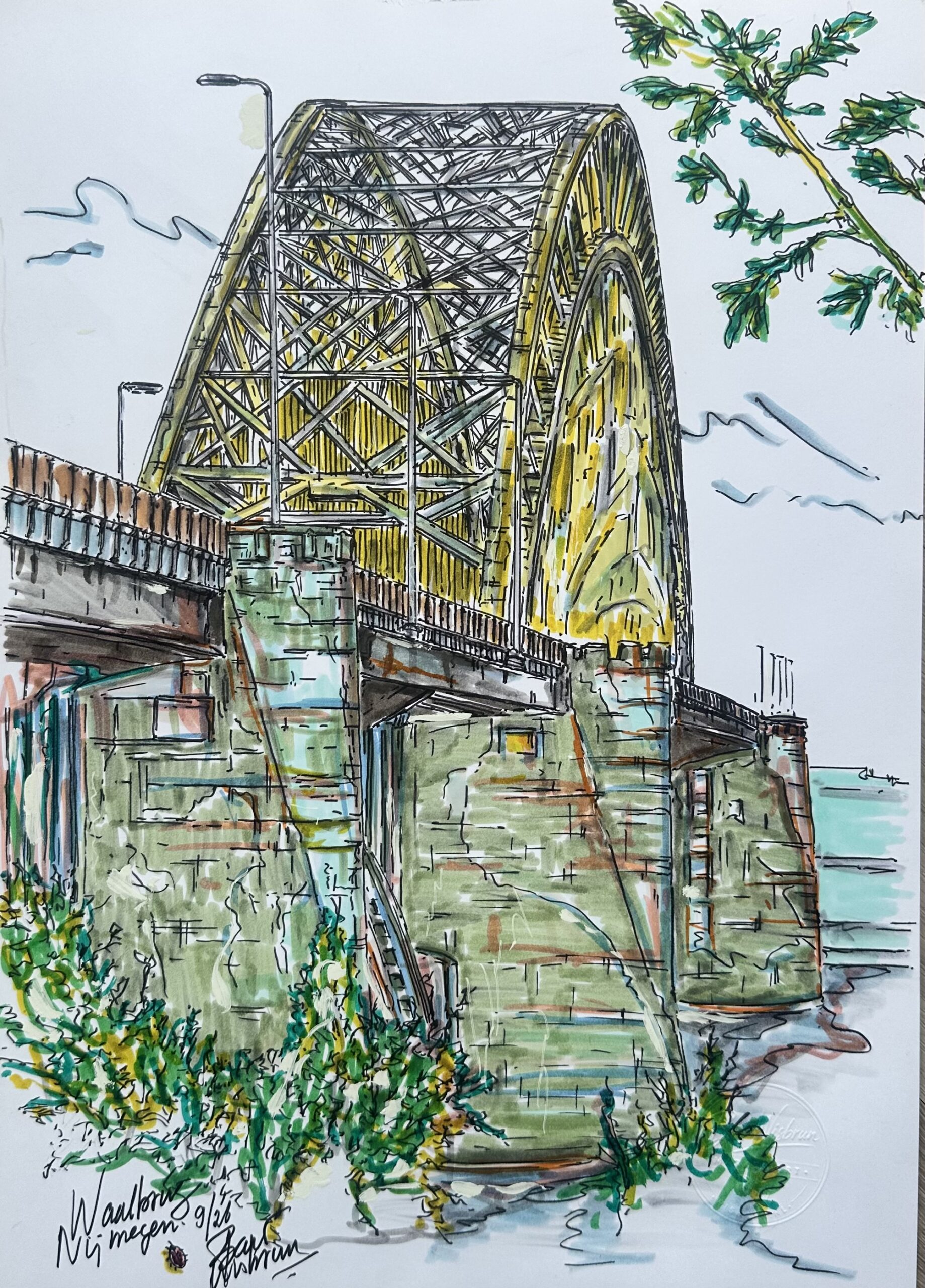 De Waalbrug Nijmegen, formaat incl. lijst 40 x 50 cm. GEEN AI… MAAR BW! Een brug die niet alleen twee oevers verbindt, maar ook een stad haar gezicht geeft. De Waalbrug bij Nijmegen. Een bouwwerk dat je vanaf verschillende kanten kunt bekijken en toch steeds weer anders oogt. Voor deze Marker Art koos ik niet voor het bekende plaatje van een brug van een afstand, maar juist voor een blik onder en naar de constructie. Beton, staal, lijnen en groen door elkaar. Een beetje stoer, een beetje rauw – en precies daarom interessant om met markers vast te leggen. Ik vind het mooi dat je met tekenen kunt spelen met wat je ziet. Niet alles hoeft strak binnen de lijntjes. Soms mag een gebouw of brug gewoon een beetje leven op papier. Een stukje Nijmegen gevangen in markerinkt. De Waalbrug Nijmegen, formaat incl. lijst 40 x 50 cm. GEEN AI… MAAR BW! Een brug die niet alleen twee oevers verbindt, maar ook een stad haar gezicht geeft. De Waalbrug bij Nijmegen. Een bouwwerk dat je vanaf verschillende kanten kunt bekijken en toch steeds weer anders oogt. Voor deze Marker Art koos ik niet voor het bekende plaatje van een brug van een afstand, maar juist voor een blik onder en naar de constructie. Beton, staal, lijnen en groen door elkaar. Een beetje stoer, een beetje rauw – en precies daarom interessant om met markers vast te leggen. Ik vind het mooi dat je met tekenen kunt spelen met wat je ziet. Niet alles hoeft strak binnen de lijntjes. Soms mag een gebouw of brug gewoon een beetje leven op papier. Een stukje Nijmegen gevangen in markerinkt.